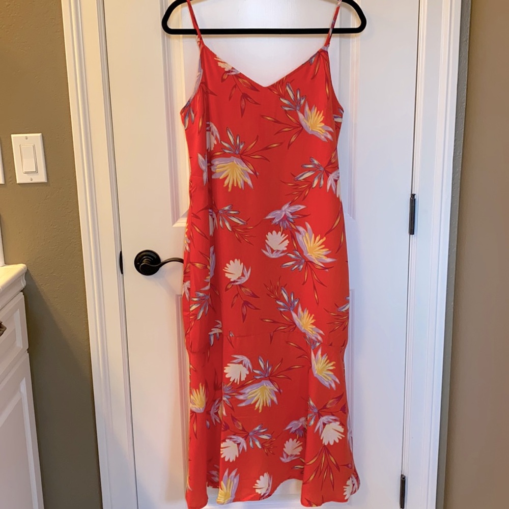 LuLus Orange Flowered Flowy Spaghetti Strap Dress